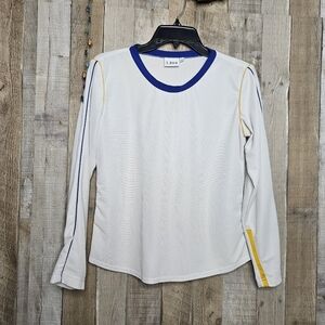 LBH Athletic Top Pullover Long Sleeves White With Blue & Yellow Waffle Medium